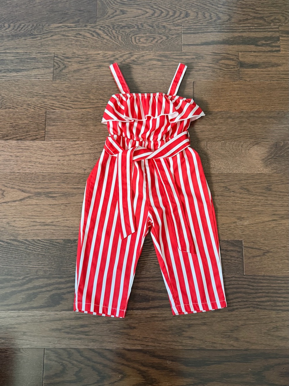 SHEIN Red and White Striped Girls' Romper with Waist Tie